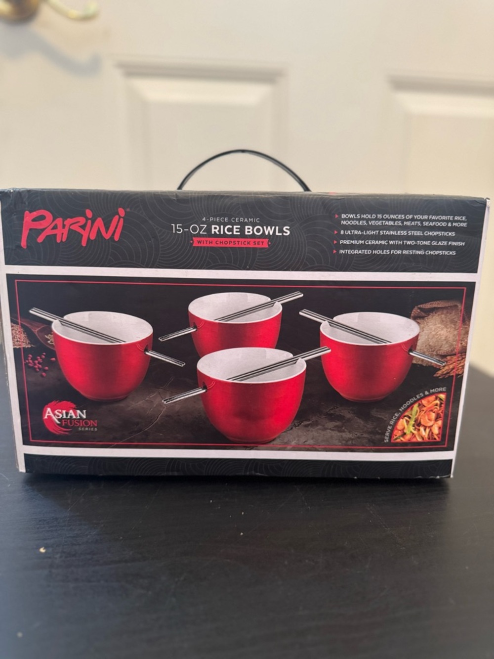 Parini Asian Fusion 15oz Ceramic Red Rice Bowls With Chopsticks Set Of 4 NEW